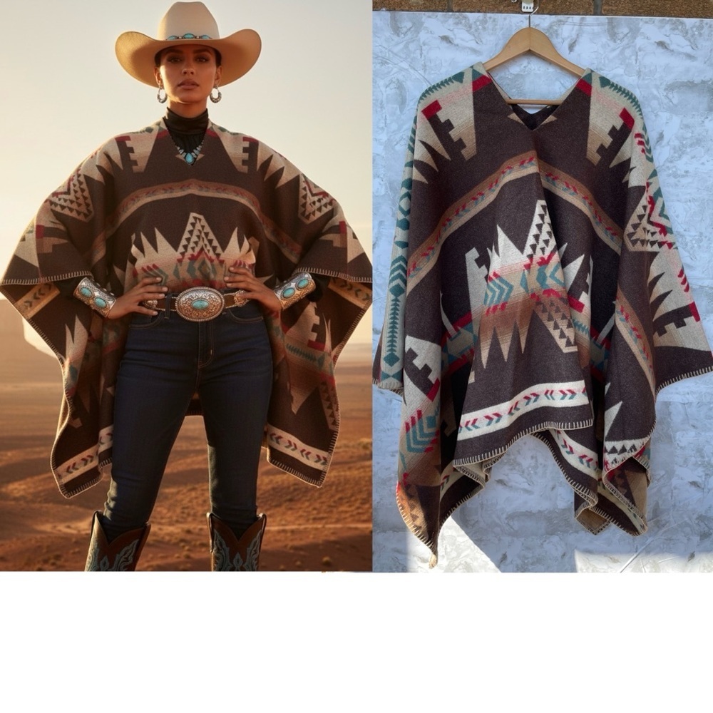 Ralph Lauren Sport Aztec Wool Poncho Boho Western Blanket Wrap Cape Made in USA - Picture 3 of 17